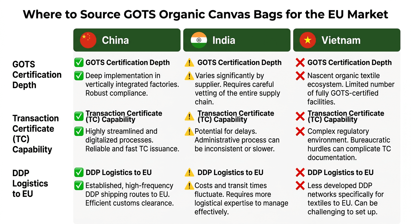 GOTS organic canvas bags sourcing China India Vietnam