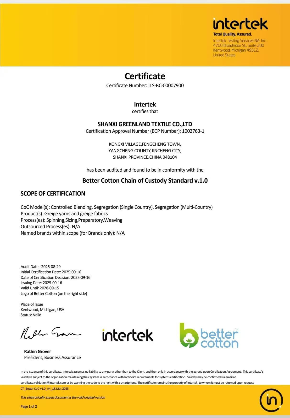 BCI Better Cotton certified textile manufacturer