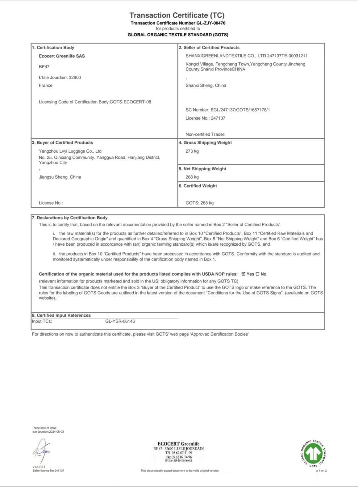 GOTS Transaction Certificate per order organic canvas