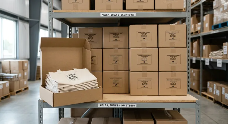 Custom private label canvas bags in warehouse packaging