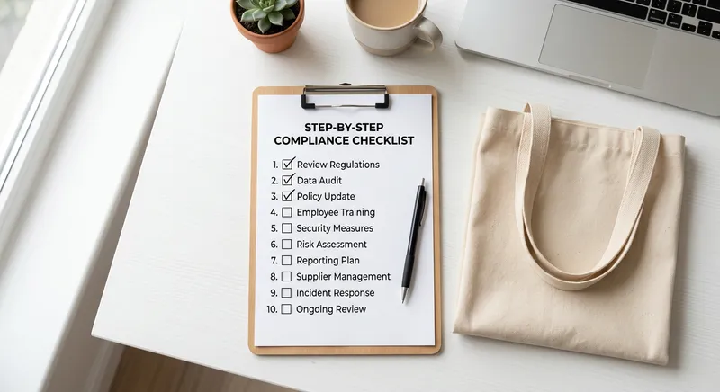 Compliance checklist clipboard next to organic canvas bag