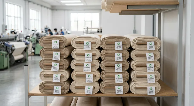 GOTS certified organic canvas fabric rolls in a textile factory