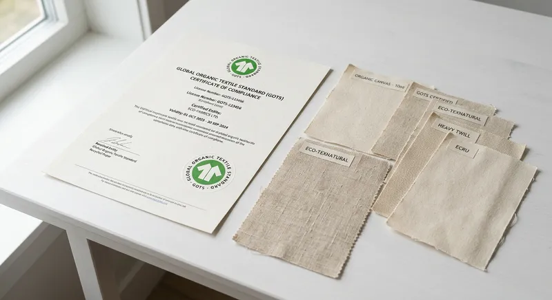 GOTS certification document with green seal on white desk