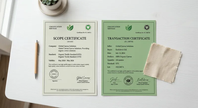 GOTS Transaction Certificate and Scope Certificate documents side by side