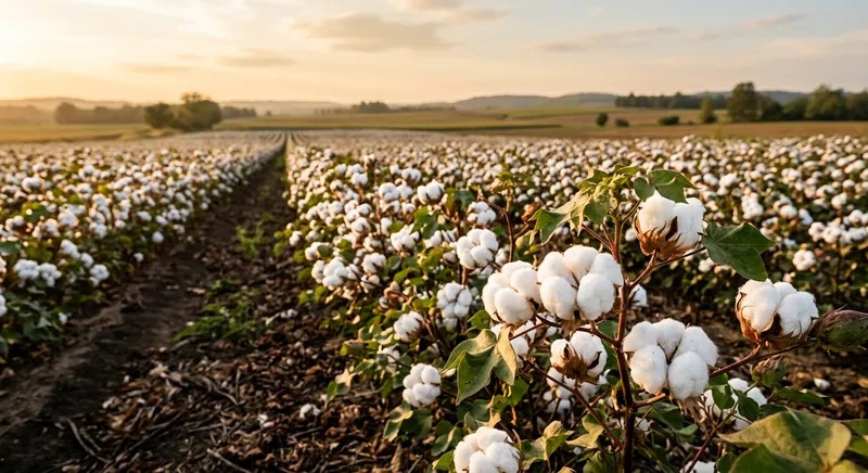 Organic cotton field with white cotton bolls at golden hour