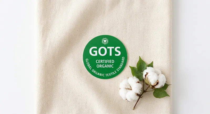 GOTS certification green badge with organic cotton fabric